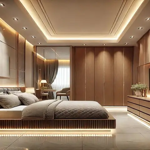 Render of a bedroom where the bed sits on a fluted platform with an LED strip washing the marble floor, facing a long walnut dresser and wall-hung TV