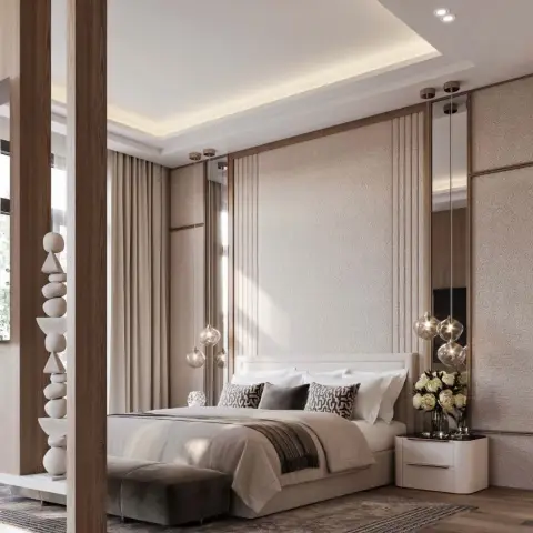 Render of a bedroom whose head wall is a wide boucle-textured upholstered panel edged by fluted verticals and slim mirror strips