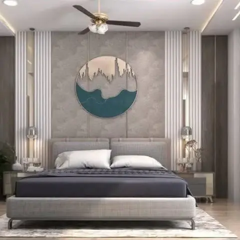 Render of a bedroom whose headboard wall alternates grey textured panels with white fluted strips and walnut verticals