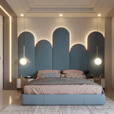 Render of a bedroom whose headboard wall is five upholstered teal arches of stepped heights, halo-lit from behind