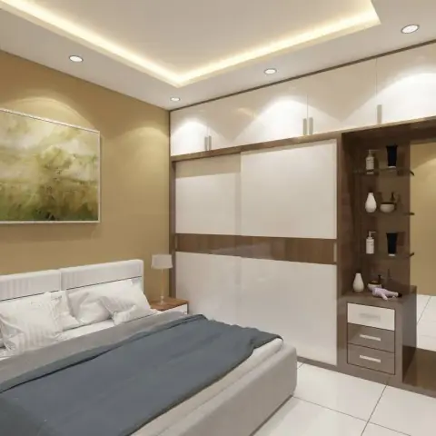 Render of a bedroom with a white-and-walnut sliding wardrobe, an open lit dresser niche with drawers, and a cove-lit tray ceiling over a mustard accent wall.