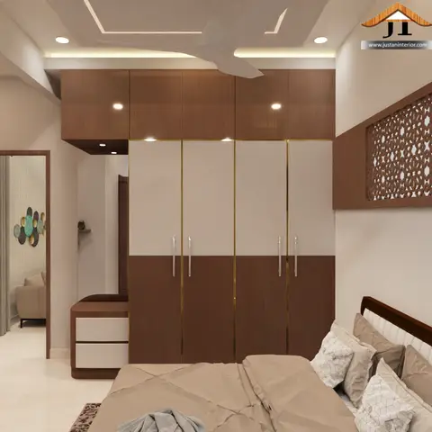 Render of a bedroom with a two-tone wood-and-white wardrobe with brass trims, a cove-lit ceiling, and a carved wood jaali panel on the side wall.