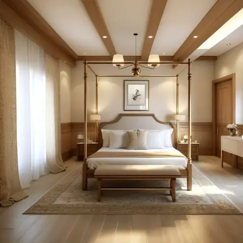 Render of a bedroom with a brass four-poster bed centred under oak ceiling beams, an upholstered bench at the foot and a sheer-plus-gold curtain wall down the