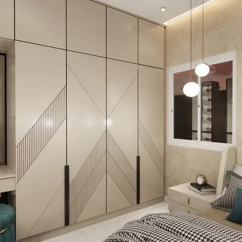 Render of a bedroom with a full-height chevron-patterned wardrobe, dressing mirror, teal tufted ottoman