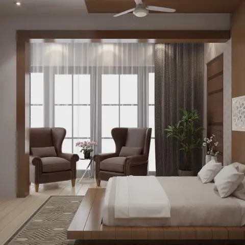 Render of a bedroom with a low teak platform bed under a horizontal backlit CNC jaali strip, two brown wingback chairs at the sheer-curtained window