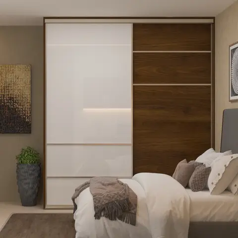Render of a bedroom with a curved grey upholstered bed, a white-and-walnut sliding wardrobe, and framed abstract wall art above a floor plant.