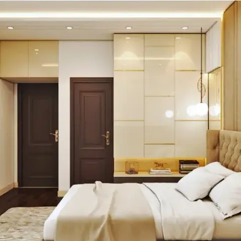 Render of a bedroom with a tufted beige headboard, high-gloss cream wardrobe ruled with brass inlay lines