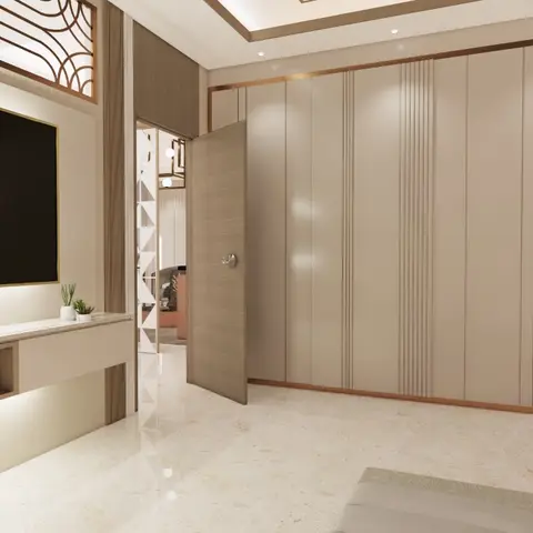 Render of a bedroom with a fluted wardrobe wall trimmed in brass, a backlit floating TV console, and an open display shelf styled with decor objects.