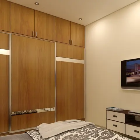 Render of a bedroom with a full-wall wood wardrobe with a mirrored sliding panel, facing a wall-mounted TV over a white-and-wood console