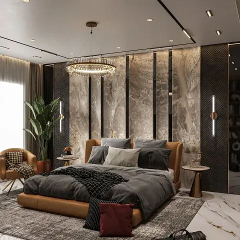 Render of a bedroom with a tan leather-upholstered bed against grey marble slab panelling striped with black inlays