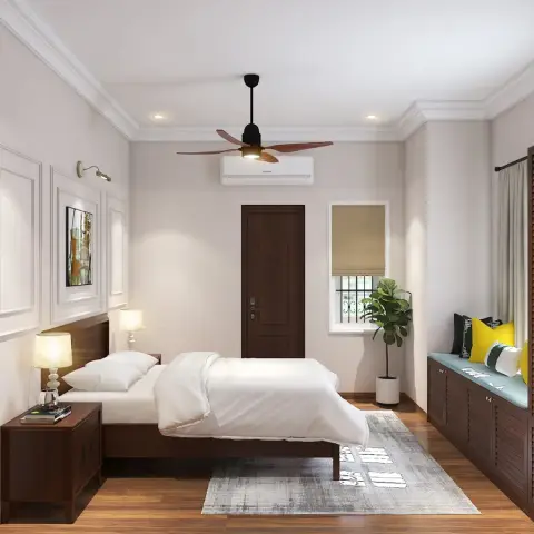 Render of a bedroom with a dark teak bed against a white moulded-panel wall, full-height louvered teak wardrobes opposite