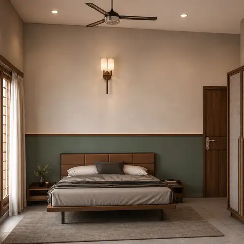 Render of a bedroom with a sage-green and beige two-tone wall, a tan leather channel-tufted headboard, and a patterned wardrobe with wood-trim doors.