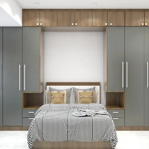 Render of a bedroom with a symmetrical grey and wood wardrobe wall surrounding the bed alcove, built-in nightstand nooks