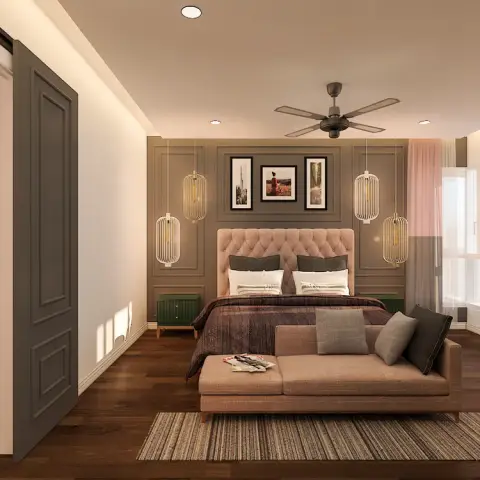 Render of a bedroom with a blush tufted headboard against a taupe moulded wall, three framed prints hung above it