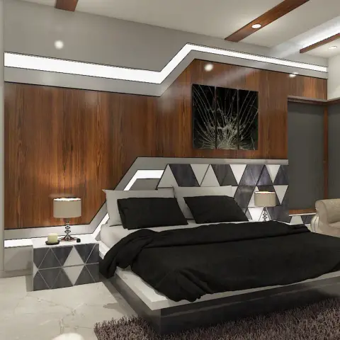 Render of a bedroom with a teak veneer bed wall, a faceted grey-and-white triangular headboard panel that repeats on the bedside cabinets