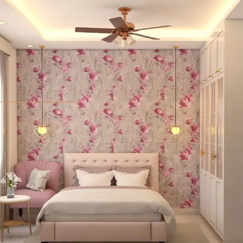 Render of a bedroom with a pink floral wallpaper accent wall, a blush tufted upholstered bed, a matching pink armchair
