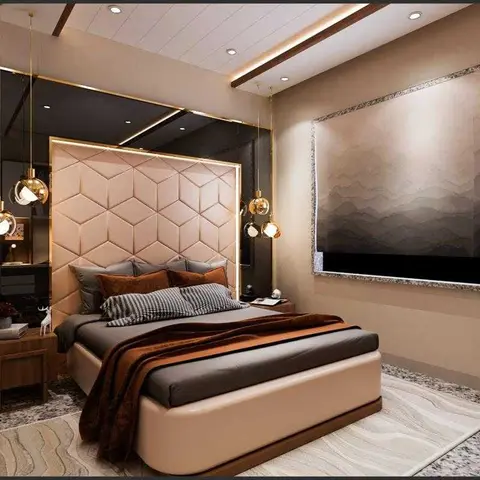Render of a bedroom with a geometric quilted blush headboard framed in gold against a black mirrored wall, gold sphere pendant lights