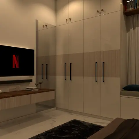 Render of a bedroom with a cream high-gloss wardrobe accented by a fluted texture band, a floating wood-and-white TV console with a wall-mounted TV