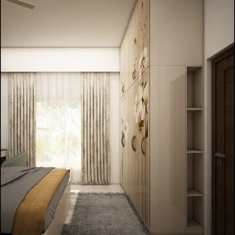 Render of a bedroom with a floral-printed glossy wardrobe with an open display shelf, floor-length floral drapes over sheer curtains, a grey area rug