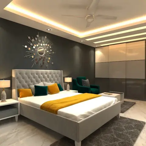 Render of a bedroom with a charcoal textured headboard wall, a spiked sunburst mirror above a grey buttoned headboard