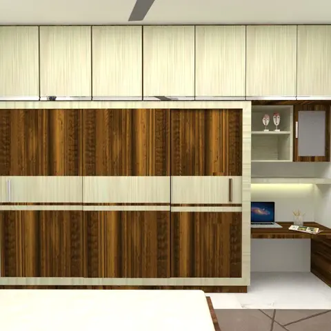 Render of a bedroom with a wood-grain wardrobe wall and an integrated study desk with open shelving in the corner, bed pillows visible in the foreground.