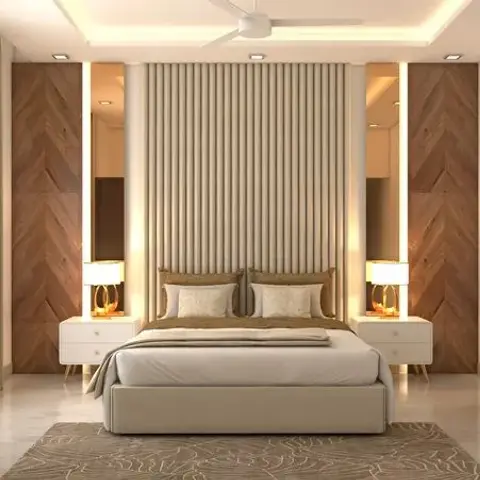 Render of a bedroom with a full-height cream fluted panel behind the bed, chevron wood panels and slim backlit mirror niches on either side