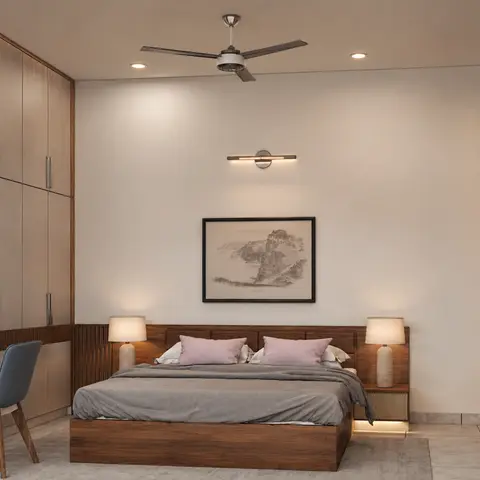Render of a bedroom with a full-height wardrobe wall, a wood-panel bed with floating nightstands, and a study desk in the corner.