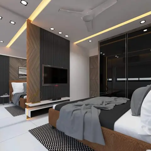 Render of a bedroom with a brown leather-look bed, a fluted dark wood TV feature wall, and a black glossy sliding wardrobe