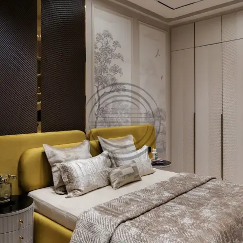 Render of a bedroom with a mustard velvet curved headboard against dark diagonally-ribbed panels split by brass strips