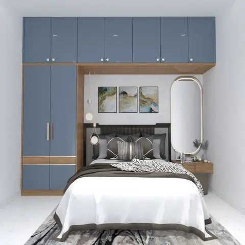 Render of a bedroom with a blue-grey and wood wardrobe wall, an oval gold-framed mirror, three abstract wall art pieces
