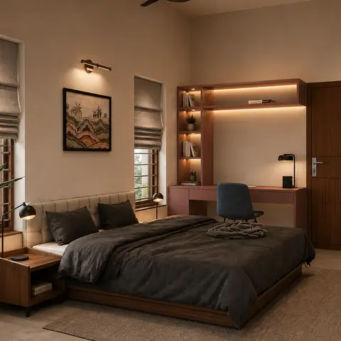 Render of a bedroom with a dark-grey bedding platform bed and a terracotta built-in study nook lit by LED strip lighting