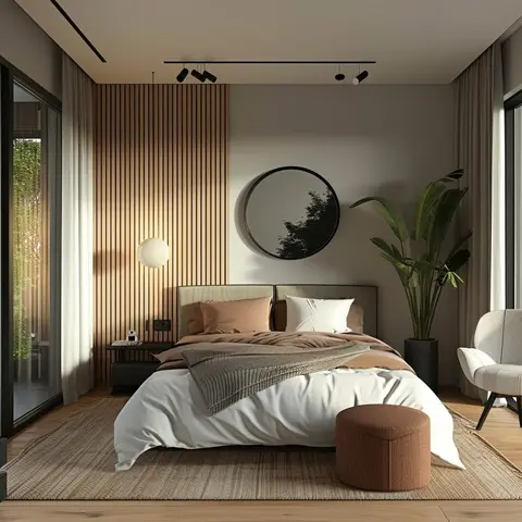 Render of a bedroom with a half-width oak slat wall behind the bed, a round black-framed mirror on the grey side