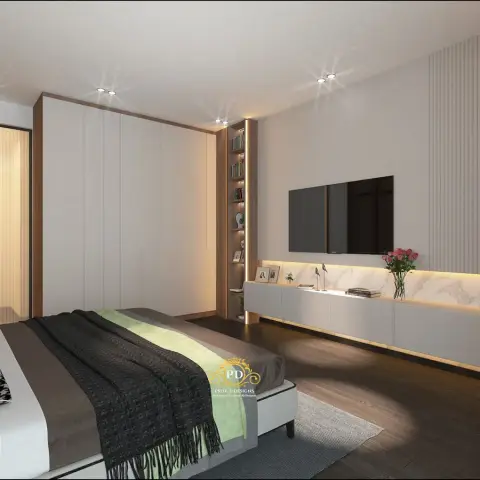 Render of a bedroom with a handleless full-height wardrobe run, a backlit marble-clad TV wall with a fluted band