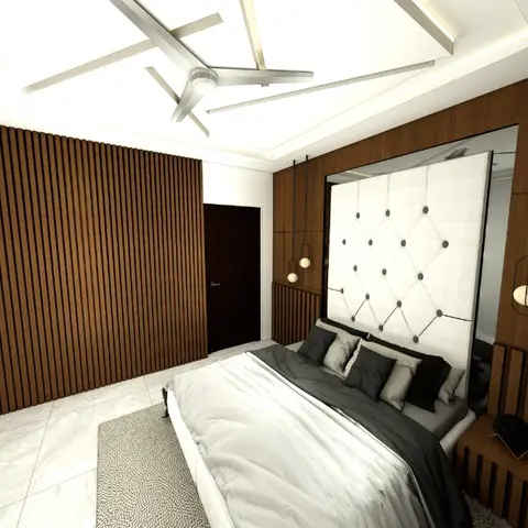 Render of a bedroom with a fluted wood-panelled wall, a diamond-tufted upholstered headboard, and hanging bulb pendant lights flanking the bed.