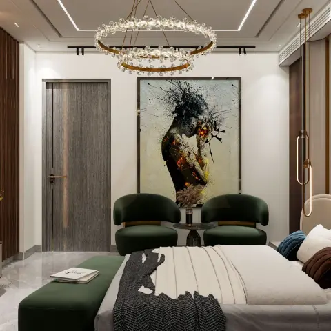 Render of a bedroom with a twin-ring crystal-and-brass chandelier over a forest-green upholstered bench