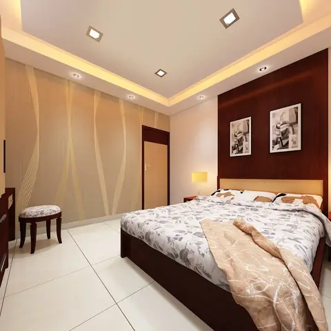Render of a bedroom with a wave-pattern wallpaper accent wall, a dark wood-panelled headboard wall hung with framed abstract prints