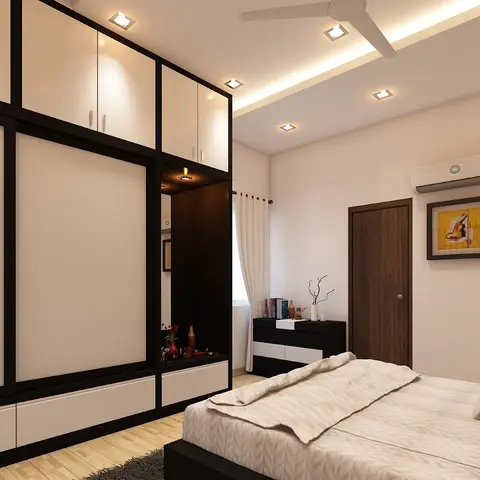 Render of a bedroom with a full-height black-and-white sliding wardrobe with an integrated dresser nook, cove-lit stepped ceiling and a wood-panelled bed wall.
