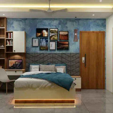 Render of a bedroom with a mottled blue textured feature wall, a grey chevron-upholstered headboard panel