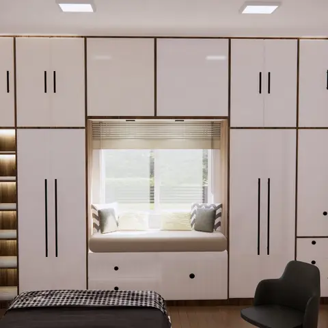 Render of a bedroom with a floor-to-ceiling white wardrobe wall wrapping a built-in window seat with storage drawers below.
