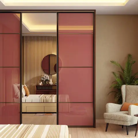 Render of a bedroom with a glossy red-glass sliding wardrobe with a mirrored center panel, a tufted cream headboard