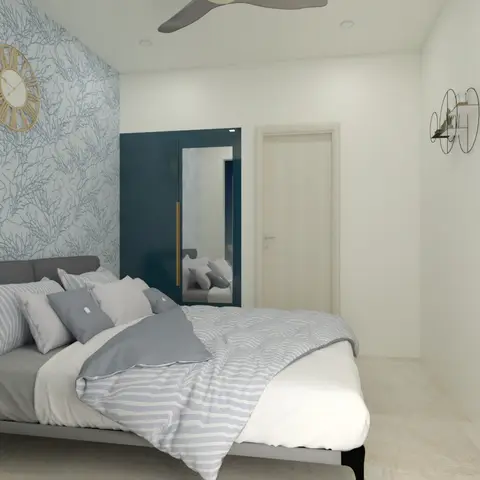 Render of a bedroom with a coral-branch pattern blue wallpaper accent wall behind a grey upholstered bed with striped bedding, a dark teal mirrored wardrobe