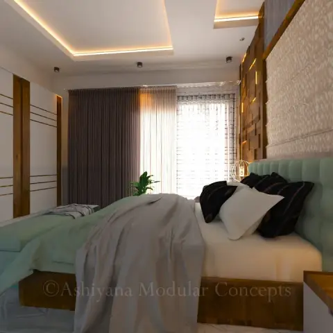 Render of a bedroom with a wood-block feature wall behind a mint tufted headboard, brown pleated curtains and a sliding wardrobe.