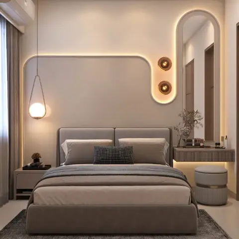 Render of a bedroom with a curved cove-lit wall niche behind the bed and an arched illuminated mirror over a fluted dresser.