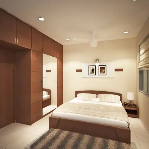 Render of a bedroom with a mirrored wood wardrobe wall, a wood-panel bed, and twin framed prints on a backlit wall panel above the headboard.