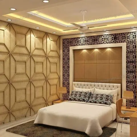 Render of a bedroom with a geometric diamond-panelled wall, an upholstered tufted headboard framed by an ornate laser-cut screen