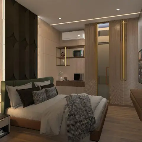 Render of a bedroom with a green upholstered bed against a dark scalloped-textured wall panel, a fluted gold-trimmed wall leading to an ensuite