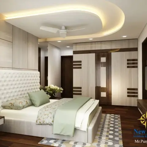 Render of a bedroom with a buttoned white tufted headboard under a curved cove-lit ceiling swirl, pale wood wardrobes inlaid with wenge bands