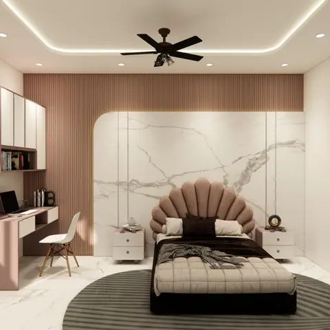Render of a bedroom with a scalloped blush-velvet headboard set into an arched marble niche, fluted wood panelling