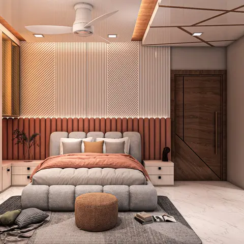Render of a bedroom with a terracotta upholstered fluted dado behind a puffy grey bouclé bed