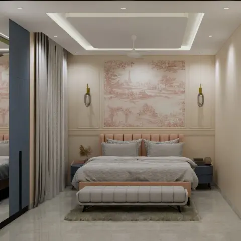 Render of a bedroom with a blush toile mural wallpaper panel flanked by wall sconces, a channel-tufted pink headboard